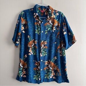 Junction West Tiger Hawaiian Shirt Mens Large Blue Floral Tropical Beach Casual
